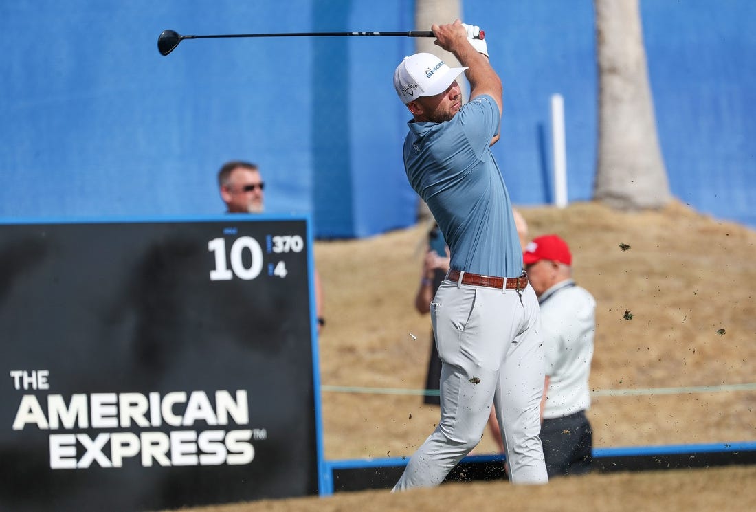 Sam Burns tees off on the 10th hole of the Nicklaus Tournament Course at PGA West during the second round of the American Express in La Quinta, Calif., Jan. 19, 2023.