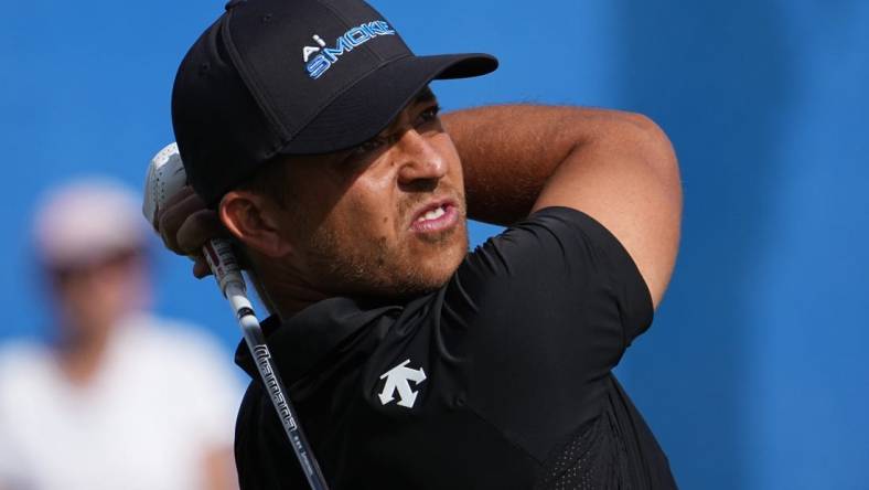 Jan 19, 2024; La Quinta, California, USA; Xander Schauffele hits his tee shot on the tenth hole during the second round of the The American Express golf tournament at PGA West Dye Stadium Cours. Mandatory Credit: Ray Acevedo-USA TODAY Sports