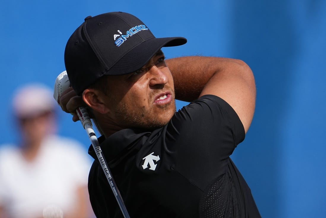 Jan 19, 2024; La Quinta, California, USA; Xander Schauffele hits his tee shot on the tenth hole during the second round of the The American Express golf tournament at PGA West Dye Stadium Cours. Mandatory Credit: Ray Acevedo-USA TODAY Sports
