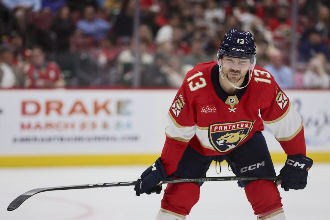 Jan 19, 2024; Sunrise, Florida, USA; Florida Panthers center Sam Reinhart (13) looks on against the Minnesota Wild during the second period at Amerant Bank Arena. Mandatory Credit: Sam Navarro-USA TODAY Sports