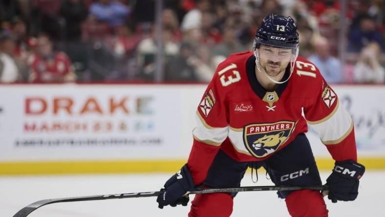 Jan 19, 2024; Sunrise, Florida, USA; Florida Panthers center Sam Reinhart (13) looks on against the Minnesota Wild during the second period at Amerant Bank Arena. Mandatory Credit: Sam Navarro-USA TODAY Sports