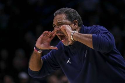 Jan 19, 2024; Cincinnati, Ohio, USA; Georgetown Hoyas head coach Ed Cooley yells to his team during the second half against the Xavier Musketeers at Cintas Center. Mandatory Credit: Katie Stratman-USA TODAY Sports