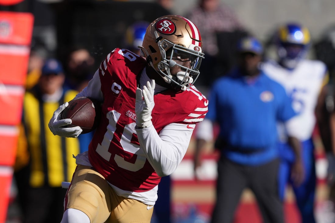 Jan 7, 2024; Santa Clara, California, USA; San Francisco 49ers wide receiver Deebo Samuel (19) runs after a catch against the Los Angeles Rams during the first quarter at Levi's Stadium. Mandatory Credit: Darren Yamashita-USA TODAY Sports