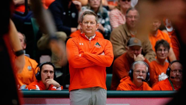 Jan 19, 2024; Fort Collins, Colorado, USA; Colorado State Rams head coach Niko Medved looks on in the second half against the UNLV Rebels at Moby Arena. Mandatory Credit: Isaiah J. Downing-USA TODAY Sports