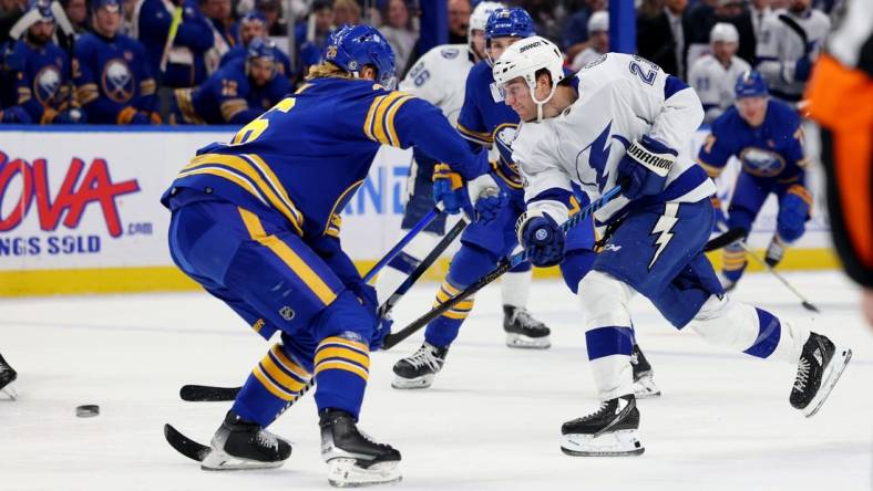 Jan 20, 2024; Buffalo, New York, USA;  Buffalo Sabres defenseman Rasmus Dahlin (26) looks to block a shot by Tampa Bay Lightning center Brayden Point (21) during the first period at KeyBank Center. Mandatory Credit: Timothy T. Ludwig-USA TODAY Sports
