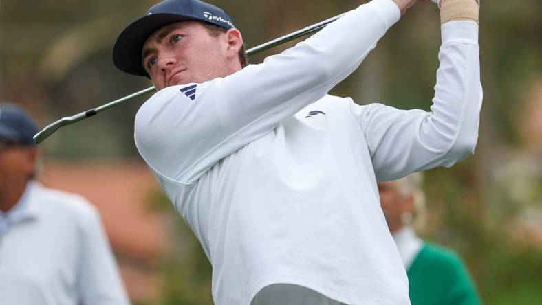 Amateur Nick Dunlap tees off on the 12th hole at La Quinta Country Club during the third round of the American Express golf tournament in La Quinta, Calif., Jan. 20, 2024.