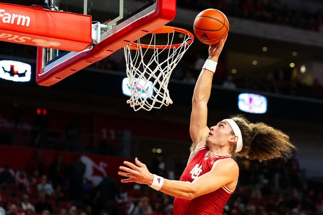 Jan 20, 2024; Lincoln, Nebraska, USA; Nebraska Cornhuskers forward Josiah Allick (53) shoots the ball against the Northwestern Wildcats during the first half at Pinnacle Bank Arena. Mandatory Credit: Dylan Widger-USA TODAY Sports