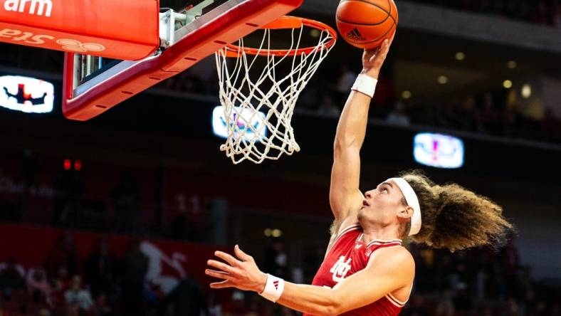 Jan 20, 2024; Lincoln, Nebraska, USA; Nebraska Cornhuskers forward Josiah Allick (53) shoots the ball against the Northwestern Wildcats during the first half at Pinnacle Bank Arena. Mandatory Credit: Dylan Widger-USA TODAY Sports