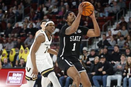Jan 20, 2024; Starkville, Mississippi, USA; Mississippi State Bulldogs forward Tolu Smith (1) drives to the basket during the first half against the Vanderbilt Commodores at Humphrey Coliseum. Mandatory Credit: Petre Thomas-USA TODAY Sports