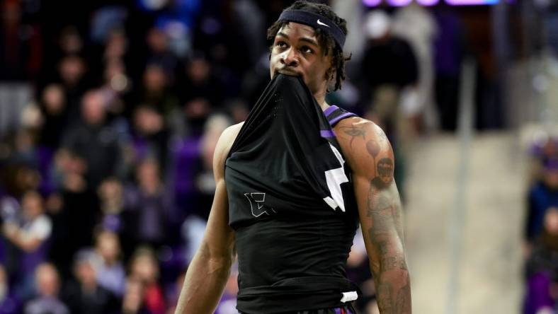 Jan 20, 2024; Fort Worth, Texas, USA;  TCU Horned Frogs forward Emanuel Miller (2) reacts after the game against the Iowa State Cyclones at Ed and Rae Schollmaier Arena. Mandatory Credit: Kevin Jairaj-USA TODAY Sports