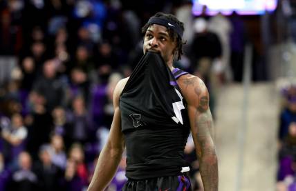 Jan 20, 2024; Fort Worth, Texas, USA;  TCU Horned Frogs forward Emanuel Miller (2) reacts after the game against the Iowa State Cyclones at Ed and Rae Schollmaier Arena. Mandatory Credit: Kevin Jairaj-USA TODAY Sports