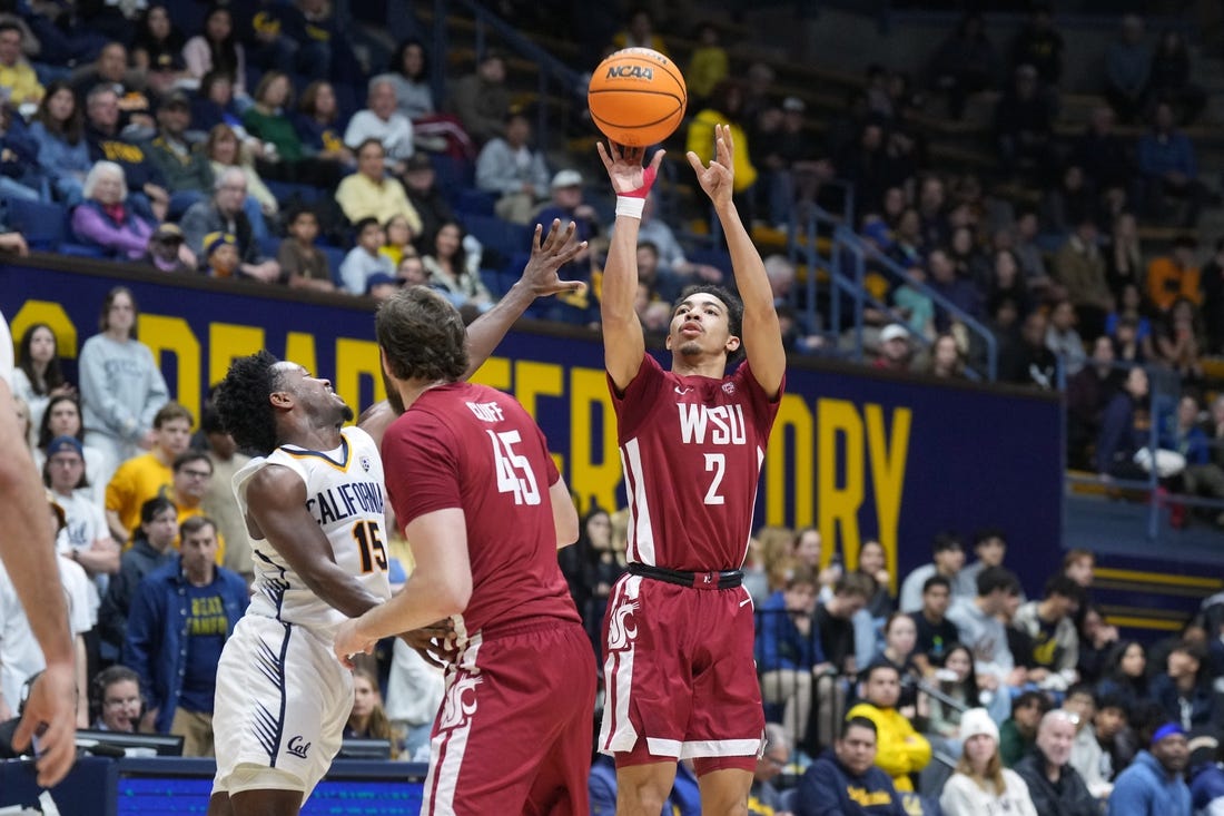 Jan 20, 2024; Berkeley, California, USA; Washington State Cougars guard Myles Rice (2) shoots against California Golden Bears guard Jalen Cone (15) during the first half at Haas Pavilion. Mandatory Credit: Darren Yamashita-USA TODAY Sports