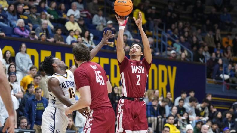 Jan 20, 2024; Berkeley, California, USA; Washington State Cougars guard Myles Rice (2) shoots against California Golden Bears guard Jalen Cone (15) during the first half at Haas Pavilion. Mandatory Credit: Darren Yamashita-USA TODAY Sports