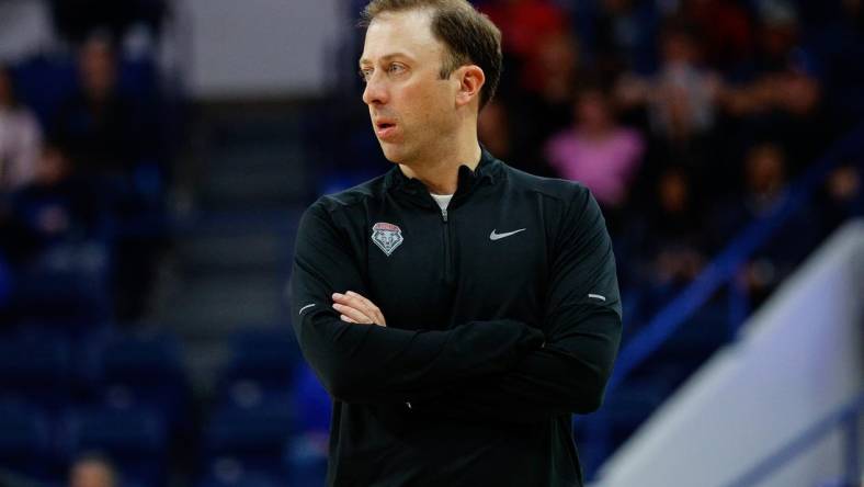 Jan 20, 2024; Colorado Springs, Colorado, USA; New Mexico Lobos head coach Richard Pitino looks on in the second half against the Air Force Falcons at Clune Arena. Mandatory Credit: Isaiah J. Downing-USA TODAY Sports