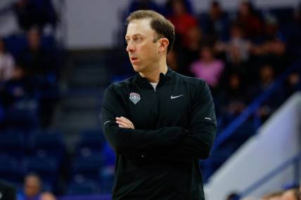 Jan 20, 2024; Colorado Springs, Colorado, USA; New Mexico Lobos head coach Richard Pitino looks on in the second half against the Air Force Falcons at Clune Arena. Mandatory Credit: Isaiah J. Downing-USA TODAY Sports