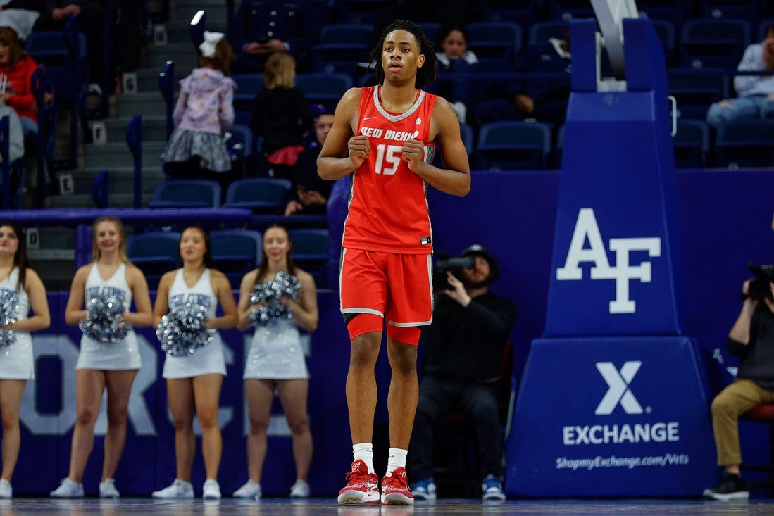 Jan 20, 2024; Colorado Springs, Colorado, USA; New Mexico Lobos forward JT Toppin (15) in the second half against the Air Force Falcons at Clune Arena. Mandatory Credit: Isaiah J. Downing-USA TODAY Sports