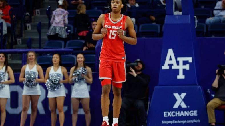 Jan 20, 2024; Colorado Springs, Colorado, USA; New Mexico Lobos forward JT Toppin (15) in the second half against the Air Force Falcons at Clune Arena. Mandatory Credit: Isaiah J. Downing-USA TODAY Sports