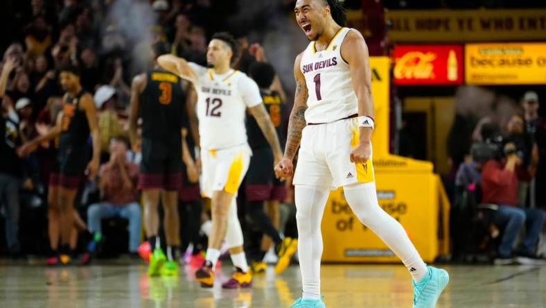 ASU guard Frankie Collins (1) celebrates a steal and a basket against USC on Jan. 20, 2024, during a game at Desert Financial Arena.