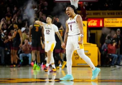 ASU guard Frankie Collins (1) celebrates a steal and a basket against USC on Jan. 20, 2024, during a game at Desert Financial Arena.