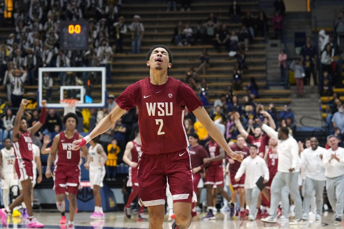 Jan 20, 2024; Berkeley, California, USA; Washington State Cougars guard Myles Rice (2) reacts after making a three point basket to force overtime against the California Golden Bears during the second half at Haas Pavilion. Mandatory Credit: Darren Yamashita-USA TODAY Sports