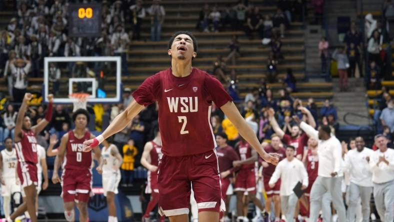 Jan 20, 2024; Berkeley, California, USA; Washington State Cougars guard Myles Rice (2) reacts after making a three point basket to force overtime against the California Golden Bears during the second half at Haas Pavilion. Mandatory Credit: Darren Yamashita-USA TODAY Sports