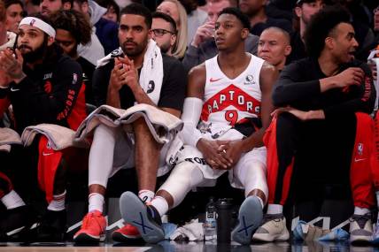 Jan 20, 2024; New York, New York, USA; Toronto Raptors guard RJ Barrett (9) watches from the bench during the fourth quarter against the New York Knicks at Madison Square Garden. Mandatory Credit: Brad Penner-USA TODAY Sports