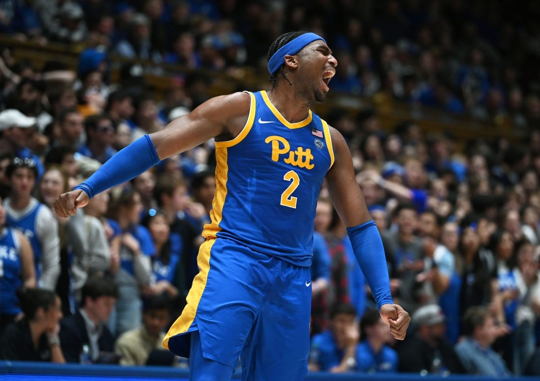 Jan 20, 2024; Durham, North Carolina, USA; Pittsburgh Panthers forward Blake Hinson (2) reacts during the second half against the Duke Blue Devils at Cameron Indoor Stadium. The Panthers won 80-76. Mandatory Credit: Rob Kinnan-USA TODAY Sports