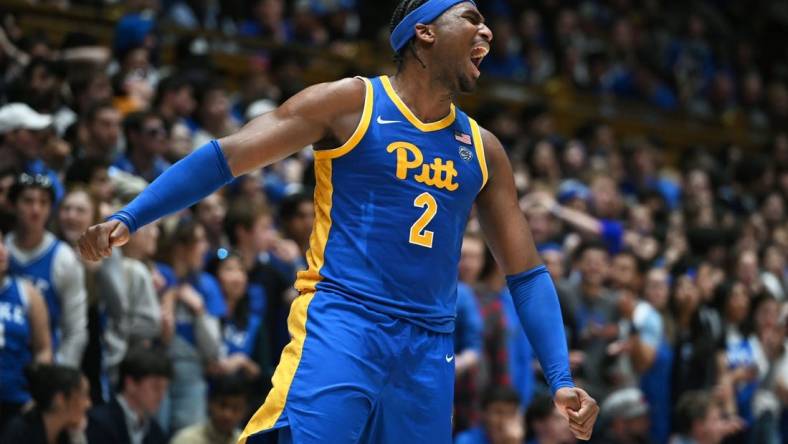 Jan 20, 2024; Durham, North Carolina, USA; Pittsburgh Panthers forward Blake Hinson (2) reacts during the second half against the Duke Blue Devils at Cameron Indoor Stadium. The Panthers won 80-76. Mandatory Credit: Rob Kinnan-USA TODAY Sports