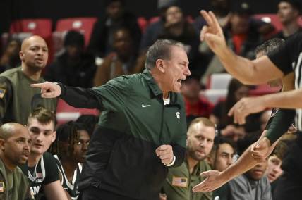 Jan 21, 2024; College Park, Maryland, USA;  Michigan State Spartans head coach Tom Izzo reacts after a first half call against the Maryland Terrapins at Xfinity Center. Mandatory Credit: Tommy Gilligan-USA TODAY Sports