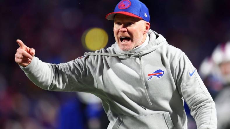 Jan 21, 2024; Orchard Park, New York, USA; Buffalo Bills head coach Sean McDermott reacts against the Kansas City Chiefs during the second half for the 2024 AFC divisional round game at Highmark Stadium. Mandatory Credit: Mark J. Rebilas-USA TODAY Sports