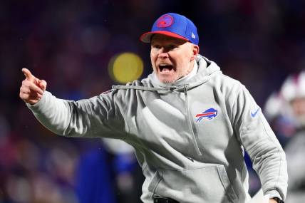 Jan 21, 2024; Orchard Park, New York, USA; Buffalo Bills head coach Sean McDermott reacts against the Kansas City Chiefs during the second half for the 2024 AFC divisional round game at Highmark Stadium. Mandatory Credit: Mark J. Rebilas-USA TODAY Sports