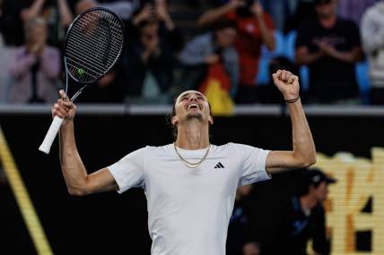 Jan 22, 2024; Melbourne, Victoria, Australia; 
Alexander Zverev of Germany celebrates his victory over Cameron Norrie of Great Britain in the fourth round of the men s singles at the Australian Open in Melbourne. Mandatory Credit: Mike Frey-USA TODAY Sports