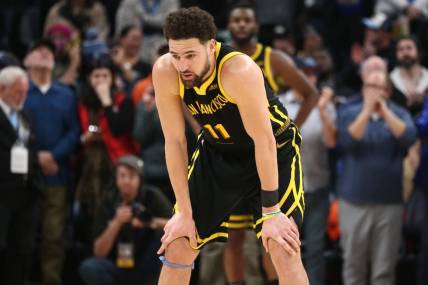 Jan 15, 2024; Memphis, Tennessee, USA; Golden State Warriors guard Klay Thompson (11) reacts during the second half against the Memphis Grizzlies at FedExForum. Mandatory Credit: Petre Thomas-USA TODAY Sports