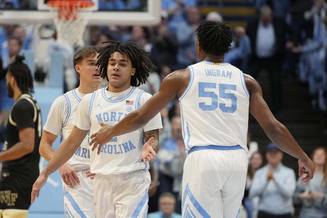 Jan 22, 2024; Chapel Hill, North Carolina, USA;  North Carolina Tar Heels guard Elliot Cadeau (2) with forward Harrison Ingram (55) in the first half at Dean E. Smith Center. Mandatory Credit: Bob Donnan-USA TODAY Sports