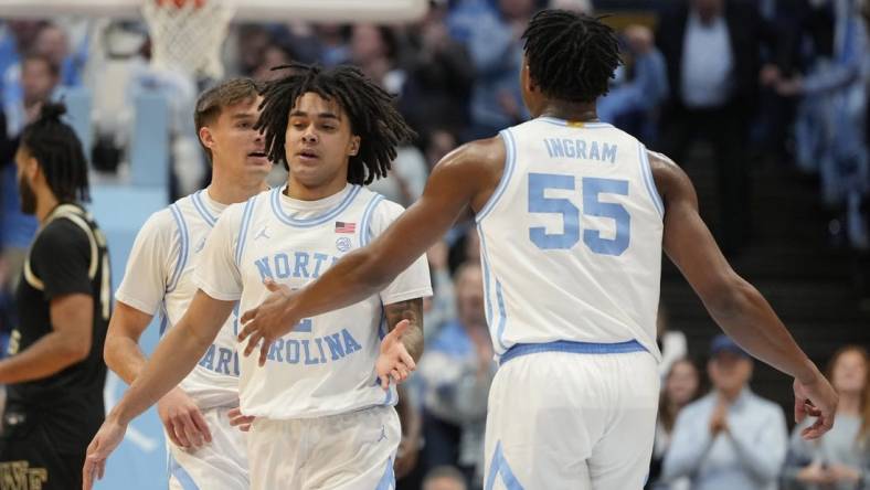 Jan 22, 2024; Chapel Hill, North Carolina, USA;  North Carolina Tar Heels guard Elliot Cadeau (2) with forward Harrison Ingram (55) in the first half at Dean E. Smith Center. Mandatory Credit: Bob Donnan-USA TODAY Sports