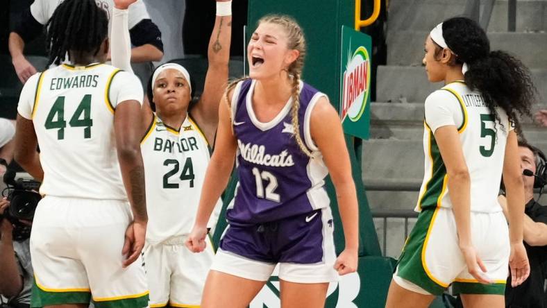 Jan 22, 2024; Waco, Texas, USA; Kansas State Wildcats guard Gabby Gregory (12) celebrates after a basket against the Baylor Lady Bears during the second half at Paul and Alejandra Foster Pavilion. Mandatory Credit: Chris Jones-USA TODAY Sports