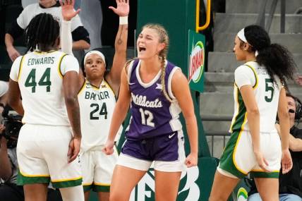 Jan 22, 2024; Waco, Texas, USA; Kansas State Wildcats guard Gabby Gregory (12) celebrates after a basket against the Baylor Lady Bears during the second half at Paul and Alejandra Foster Pavilion. Mandatory Credit: Chris Jones-USA TODAY Sports