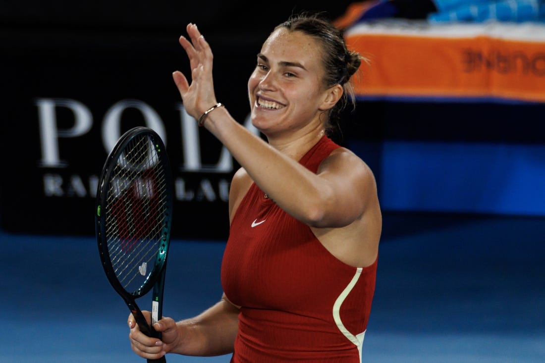 Jan 23, 2024; Melbourne, Victoria, Australia;  
Aryna Sabalenka of Belarus celebrates her victory over Barbora Krejcikpva of the Czech Republic in the quarter final of the women s singles. Mandatory Credit: Mike Frey-USA TODAY Sports