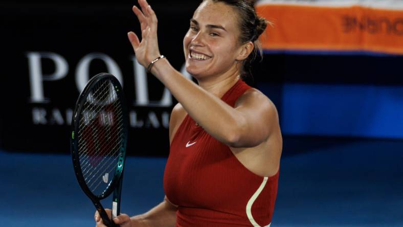 Jan 23, 2024; Melbourne, Victoria, Australia;  
Aryna Sabalenka of Belarus celebrates her victory over Barbora Krejcikpva of the Czech Republic in the quarter final of the women s singles. Mandatory Credit: Mike Frey-USA TODAY Sports