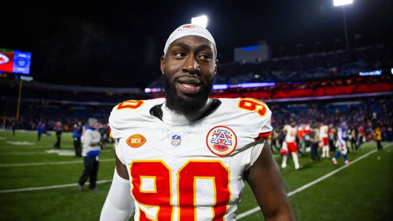 Jan 21, 2024; Orchard Park, New York, USA; Kansas City Chiefs defensive end Charles Omenihu (90) against the Buffalo Bills in the 2024 AFC divisional round game at Highmark Stadium. Mandatory Credit: Mark J. Rebilas-USA TODAY Sports