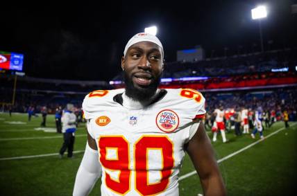 Jan 21, 2024; Orchard Park, New York, USA; Kansas City Chiefs defensive end Charles Omenihu (90) against the Buffalo Bills in the 2024 AFC divisional round game at Highmark Stadium. Mandatory Credit: Mark J. Rebilas-USA TODAY Sports