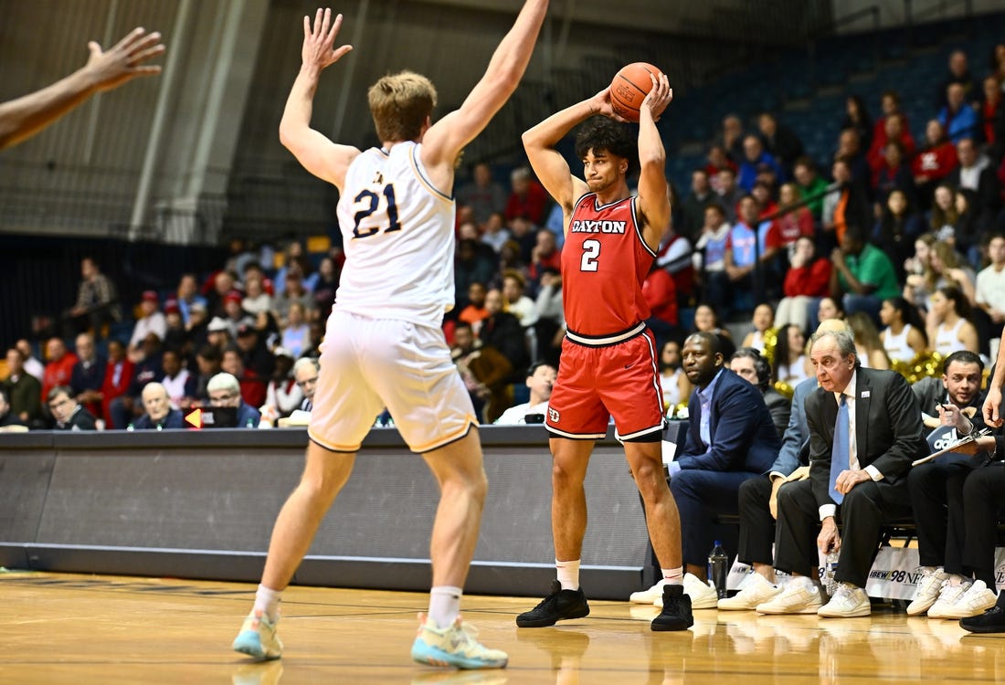 Jan 23, 2024; Philadelphia, Pennsylvania, USA; Dayton Flyers forward Nate Santos (2) controls the ball against La Salle Explorers forward Ryan Zan (21) in the first half at Tom Gola Arena at TruMark Financial Center. Mandatory Credit: Kyle Ross-USA TODAY Sports