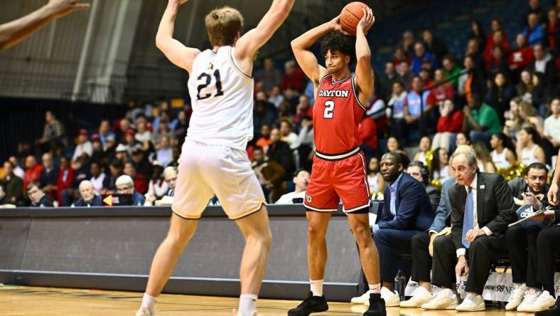 Jan 23, 2024; Philadelphia, Pennsylvania, USA; Dayton Flyers forward Nate Santos (2) controls the ball against La Salle Explorers forward Ryan Zan (21) in the first half at Tom Gola Arena at TruMark Financial Center. Mandatory Credit: Kyle Ross-USA TODAY Sports