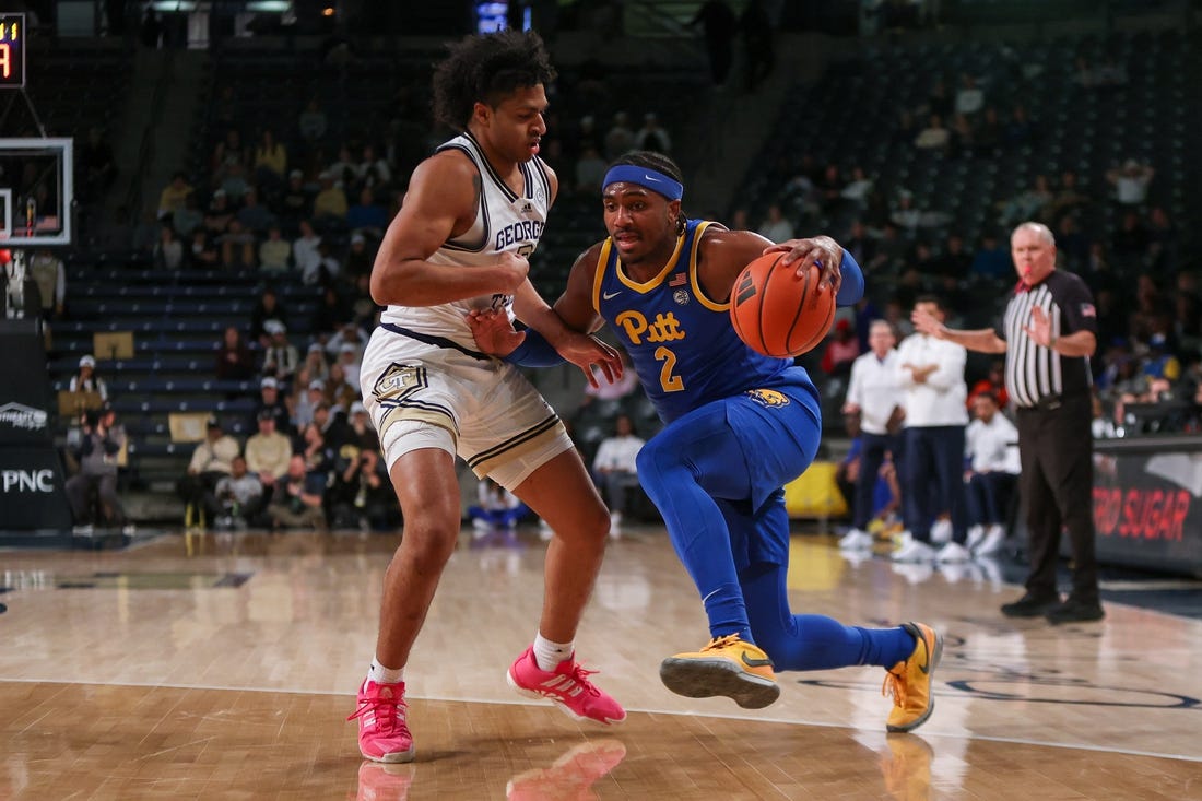 Jan 23, 2024; Atlanta, Georgia, USA; Pittsburgh Panthers forward Blake Hinson (2) is defended by Georgia Tech Yellow Jackets guard Dallan Coleman (3) in the first half at McCamish Pavilion. Mandatory Credit: Brett Davis-USA TODAY Sports