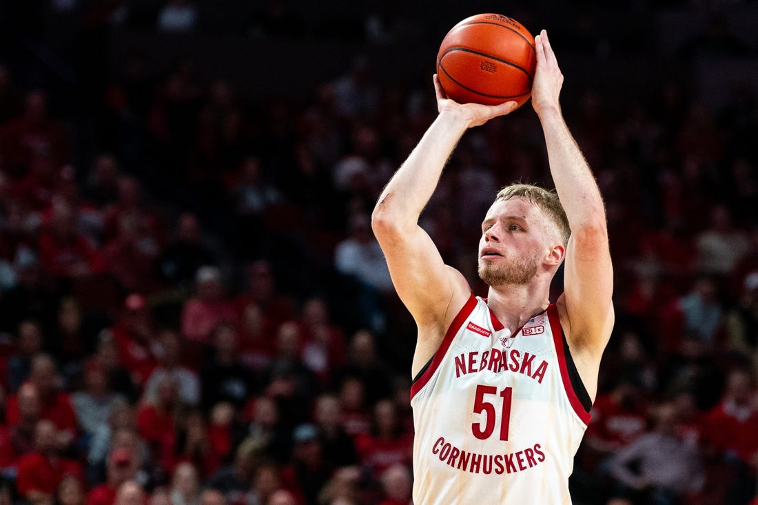 Jan 23, 2024; Lincoln, Nebraska, USA; Nebraska Cornhuskers forward Rienk Mast (51) shoots a 3-point shot against the Ohio State Buckeyes during the first half at Pinnacle Bank Arena. Mandatory Credit: Dylan Widger-USA TODAY Sports