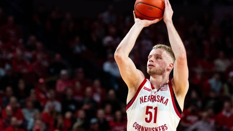 Jan 23, 2024; Lincoln, Nebraska, USA; Nebraska Cornhuskers forward Rienk Mast (51) shoots a 3-point shot against the Ohio State Buckeyes during the first half at Pinnacle Bank Arena. Mandatory Credit: Dylan Widger-USA TODAY Sports