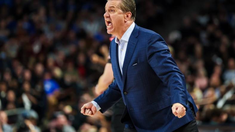 Jan 23, 2024; Columbia, South Carolina, USA; Kentucky Wildcats head coach John Calipari disputes a call against the South Carolina Gamecocks in the second half at Colonial Life Arena. Mandatory Credit: Jeff Blake-USA TODAY Sports