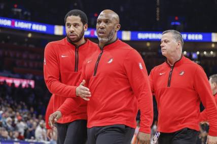 Jan 23, 2024; Oklahoma City, Oklahoma, USA; Portland Trail Blazers head coach Chauncey Billups walks off the court after being ejected late in the fourth quarter against the Oklahoma City Thunder at Paycom Center. Mandatory Credit: Alonzo Adams-USA TODAY Sports