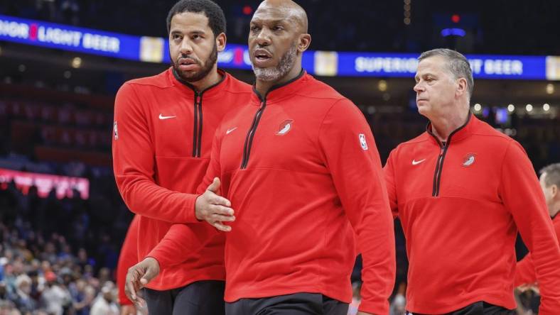 Jan 23, 2024; Oklahoma City, Oklahoma, USA; Portland Trail Blazers head coach Chauncey Billups walks off the court after being ejected late in the fourth quarter against the Oklahoma City Thunder at Paycom Center. Mandatory Credit: Alonzo Adams-USA TODAY Sports