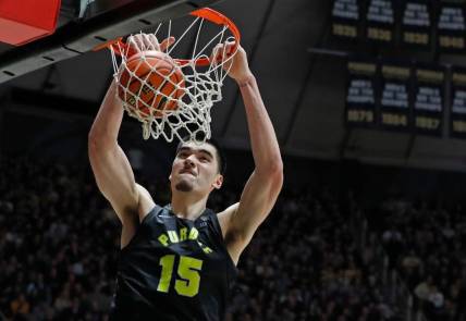 Purdue Boilermakers center Zach Edey (15) dunks the ball during the NCAA men   s basketball game against the Michigan Wolverines, Tuesday, Jan. 23, 2024, at Mackey Arena in West Lafayette, Ind. Purdue Boilermakers won 99-67.